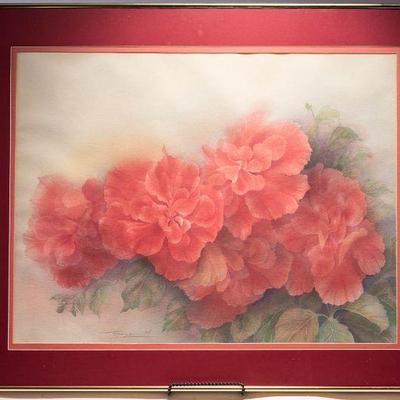 WAC090 Beautiful Framed Red Flower Watercolor by Teruya 