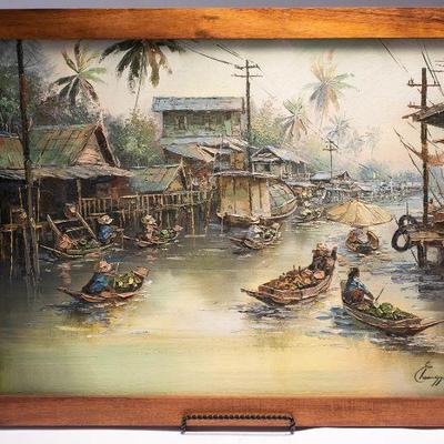 WAC103 Another Original Oil on Canvas Philippines River Scene Koa Frame 