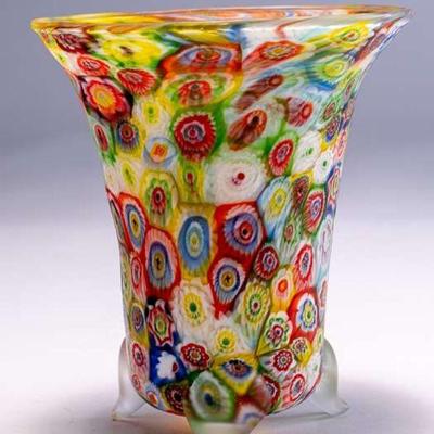 WAC002 Exquisite Vintage Handblown Murano Millefiori Art Glass 3-Leg Pedestal Vase