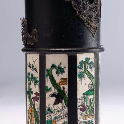 WAC022 Early Chinese Ceramic Cylindrical Pot Opium Burner w/Various Colorful Scenes 1700s? #3 of 5 