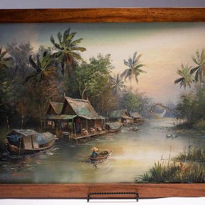 WAC102 Original Oil on Canvas Philippines River Scene Koa Frame 