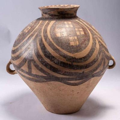 WAC065 Rare Large Neolithic Chinese Painted Pottery Vessel Circular Pattern W/Squares 