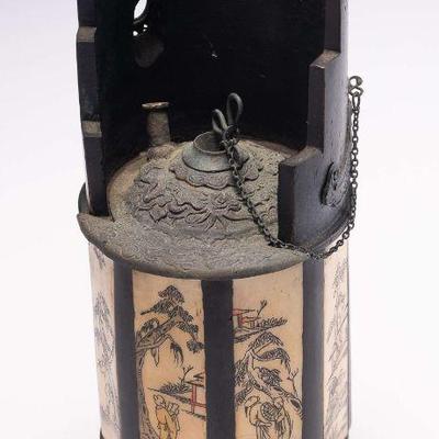 WAC024 Early Chinese Ceramic Cylindrical Pot Opium Burner 1700s? Landscape, People Scenes #5 of 5 
