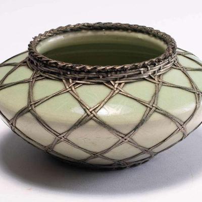 WAC032 Beautiful Meiji Japanese Pottery Vase w/Silver Basket Weave Overlay 