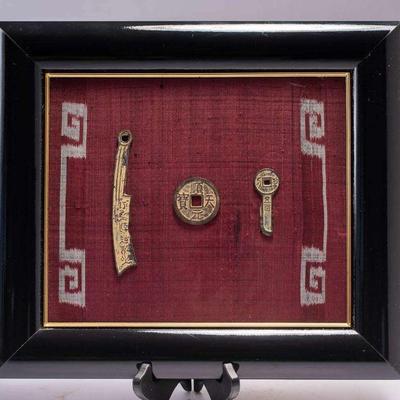 WAC078 Ancient Chinese Artifacts - Coin, Knives, Textile - Custom Framed 