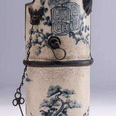 WAC021 Early Chinese Ceramic Cylindrical Pot Opium Burner Blue & White 1700s? #2 of 5 