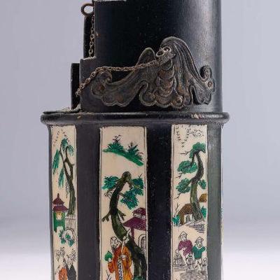 WAC023 Early Chinese Ceramic Cylindrical Pot Opium Burner People, Landscape Scenes 1700s? #4 of 5 