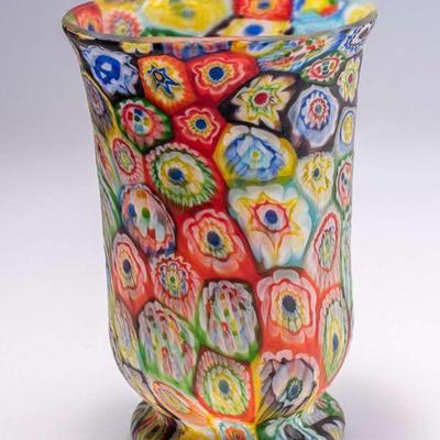 WAC001 Beautiful Vintage Handblown Murano Millefiori Art Glass Pedestal Vase