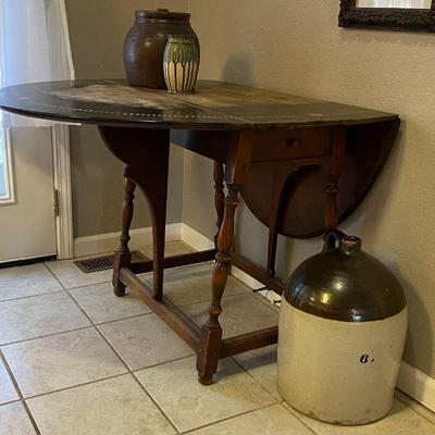 drop leaf tiger maple table with crocks