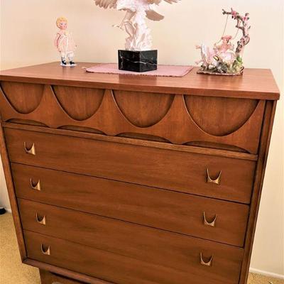 Brasilia Mid Century Walnut and Brass 5 Drawer Highboy Dresser Chest