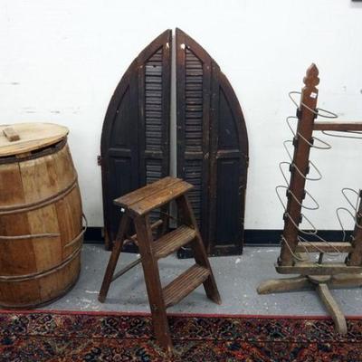1216	4 PC LOT WITH WOOD BARREL, STEP LADDER, COUNTRY STORE REVOLVING DISPLAY RACK AND GOTHIC SHUTTERS
