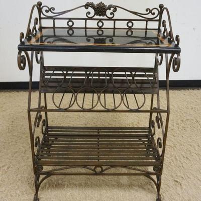 1038	ORNATE METAL WINE RACK W/SHEATHED MARBLE TOP, APPROXIMATELY 27 IN X 17 IN X 40 IN
