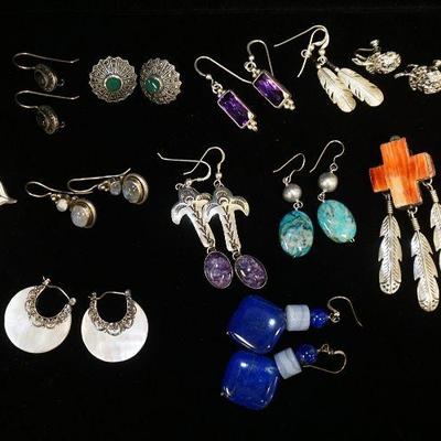 1096	14 PAIRS OF STERLING SILVER EARRINGS, INCLUDES BOTH PEIRCED & NON-PIERCED, 3.72 OZT OVERALL
