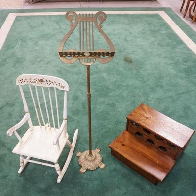 1209	GROUP OF FURNITURE INCLUDING CHILDS ROCKER, BED STEPS AND ORNATE BRASS MUSIC STAND

