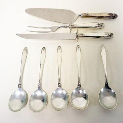 1230	STERLING LOT 5 - 6 TOZ *PRELUDE SPOONS* AND STERLING HANDLED 3 PIECE SERVING SET
