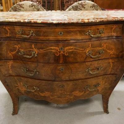 1188	FRENCH PROVINCIAL INLAID BOMBE 4 DRAWER MARBLE TOP CHEST, LOSS TO MARBLE, APPROXIMATELY 24 IN X 57 IN X 42 IN H
