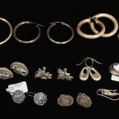 1087	13 PAIRS OF STERLING SILVER EARRINGS, BOTH PIERCED & CLIP ON, 2.218 OZT
