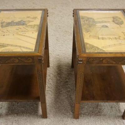1168	PAIR OF HAND CARED EUROPEAN GLASS TOP STANDS, CARVING OF VILLAGES, DATED 1960. GLASS TOP CHIP, APPROXIMATELY 16 IN X 24 IN X 24 IN H
