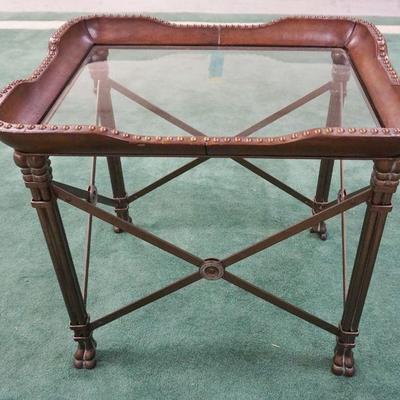 1037	GLASS TOP OCCASSIONAL TABLE W/METAL BASE & FAUX LEATHER TOP HAVING BRASS TACK ACCENTS, APPROXIMATELY 28 IN X 23 IN X 25 IN

