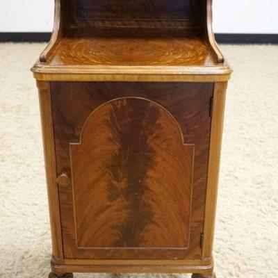 1003	FLAME & BURLED VENEERED MAHOGANY STAND, ONE DOOR, APPROXIMATELY 15 IN SQUARE X 37 IN HIGH
