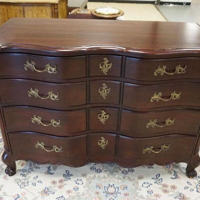 1046	BLACK CHERRY FRENCH PROVINCIAL LOW CHEST, 4 DRAWER, APPROXIMATELY 22 IN X 48 IN X 34 IN HIGH
