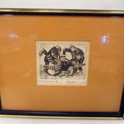 1273	MEL FOWLER SIGNED AND NUMBER PRINT 4/50 *THE HOCKEY PLAYERS* 1972, APPROXIMATELY 12 IN X 15 IN OVERALL
