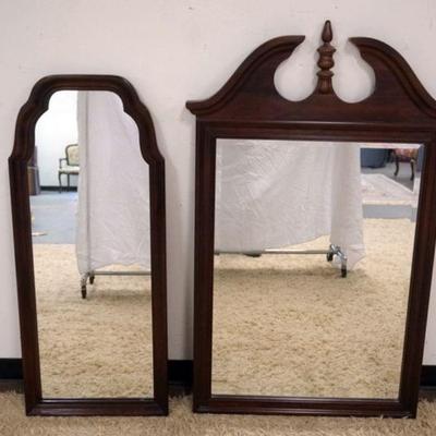 1182	LOT OF 2 HANGING MIRRORS IN CHERRY WOOD FRAMES, ONE WITH BEVELLED GLASS, TALLEST APPROXIMATELY 53 IN H
