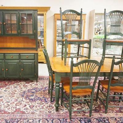 1194	DINETTE SET INCLUDING TABLE WITH 1 LEAVE APPROXIMATELY 42 IN X 64 IN X 30 IN H, 6 CHAIRS AND HUTCH 53 IN X 18 IN X 73 IN H. TABLE...