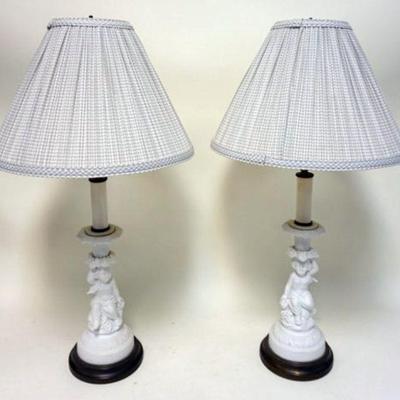 1268	2 PARIAN CHERUB CANDLESTICK TABLE LAMPS WITH SOME LOSS, APPROXIMATELY 26 IN H
