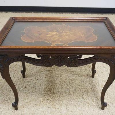 1005	ORNATE CARVED & INLAID TABLE W/GLASS TOP SERVING TRAY, APPROXIMATELY 28 IN X 18 IN X 21 IN HIGH

