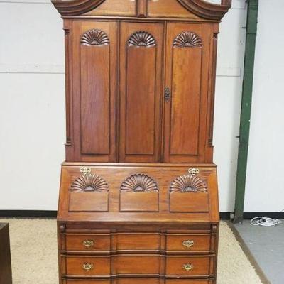 1043	CONTEMPORARY 3 PART SECRETARY W/ARCHED TOP, REEDED COLUMN SIDES & SHELL CARVED DESK DROP, SOME TRIM MISSING, APPROXIMATELY 47 IN X...