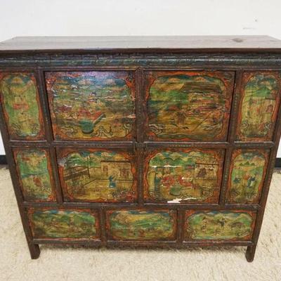 1058	ANTIQUE PANELED 4 DOOR DECORATED CHEST, SOME LOSS TO DECORATION, APPROXIMATELY 15 IN X 47 IN X 44 IN HIGH
