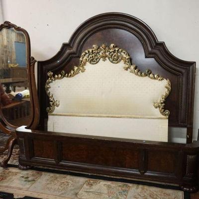1218	LOT INCLUDING KING SIZE BED, UPHOLSTERED HEAD BOARD AND CHEVEL MIRROR, ALL IN NEED OF RESTORATION
