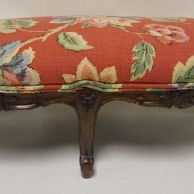 1186	WALNUT FRENCH PROVINCIAL FLORAL UPHOLSTERED FOOT STOOL, APPROXIMATELY 13 IN X 27 IN X 10 H
