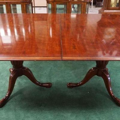 1034	QUEEN ANNE STYLE CHERRY DINING TABLE, DOUBLE PEDESTAL W/ONE LEAF, APPROXIMATELY 66 IN X 42 IN X 30 IN HIGH, LEAF APPROXIMATELY 18 IN
