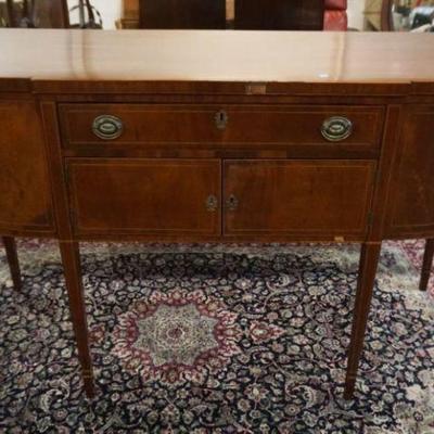 1190	ANTIQUE MAHOGANY 4 DOOR, 1 DRAWER SIDE BOARD WITH PENCIL INLAY TRIM, APPROXIMATELY 25 IN X 68 IN X 42 IN H. SOME VENEER LOSS
