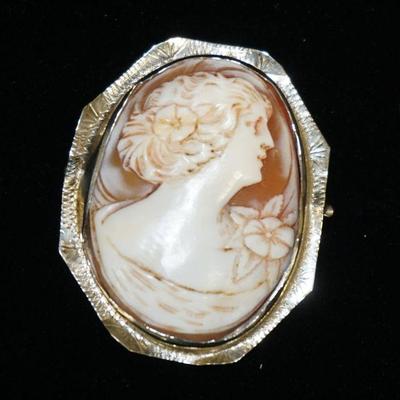 1100	14K WHITE GOLD CAMEO BROOCH/PIN, GOLD TRIM IS DENTED, APPROXIMATELY 1 1/2 IN X 1 1/4 IN
