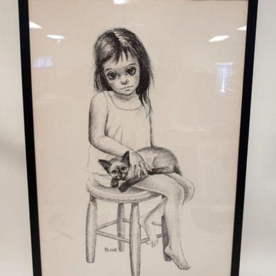 1278	KEANE BIG EYE LARGE PRINT OF YOUNG GIRL ON STOOL PETTING A CAT, APPROXIMATELY 25 IN X 36 IN
