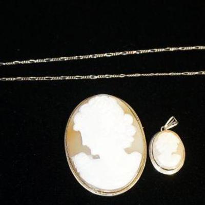 1149	800 & STERLING SILVER CAMEO JEWELRY LOT. THE NECKLACE & PENDANT ARE MARKED STERLING, THE BROOCH PIN IS MARKED 800. BROOCH APP. 2 1/4...