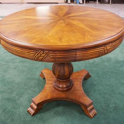 1203	FRENCH PROVINCIAL DROP SIDE STAND WITH LEATHER TOP AND SIDES, SOME WEAR TO FINISH, APPROXIMATELY 20 IN X 30 IN 29 IN H
