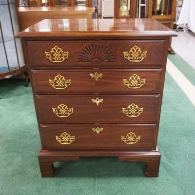 1027	SMALL HARDEN CHERRY CHEST, 4 DRAWERS ON BRACKET FEET W/SHELL CARVED TOP DRAWER, APPROXIMATELY 26 IN X 16 IN X 32 IN HIGH
