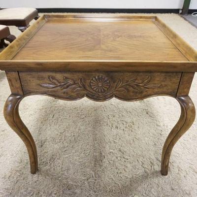 1050	WALNUT ONE DRAWER LAMP TABLE W/BOOK MATCHED VENEER TOP, APPROXIMATELY 28 IN SQUARE X 25 IN HIGH
