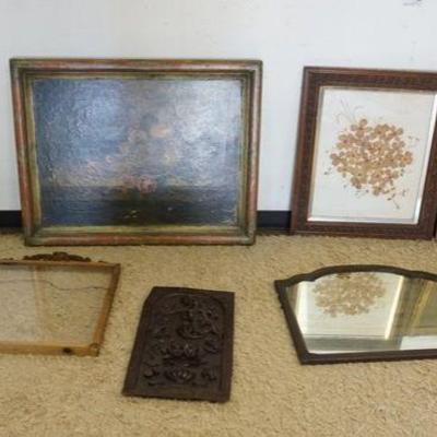 1296	LOT OF ASSORTED FRAMES, ARTWORK, MIRRORS AND CARVED WOOD PANELS
