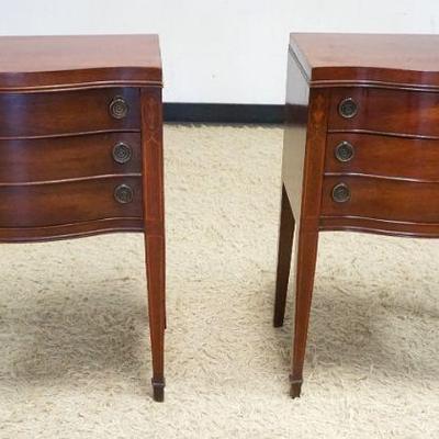 1014	PAIR OF MAHOGANY BEDSIDE STANDS, 3 DRAWER W/SERPENTINE FRONT & BELL FLOWER INLAY, SOME FINISH WEAR TO TOPS, APPROXIMATELY 21 IN X 16...