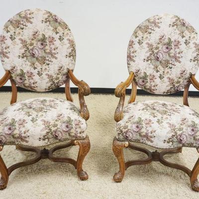 1006	PAIR OF OUTSTANDING CARVED WALNUT ARMCHAIRS, FLORAL UPHOLSTERED
