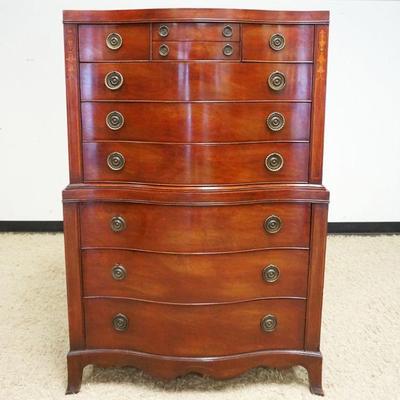 1012	MAHOGANY TALL CHEST, 10 DRAWER W/SERPENTINE FRONT & BELL FLOWER INLAY, APPROXIMATELY 20 IN X 39 IN X 57 IN HIGH
