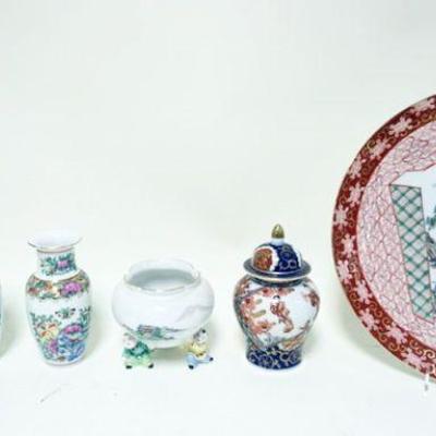 1260	ASIAN POTTERY LOT INCLUDING VASES, COVERED URN AND 13 1/4 IN CHARGER
