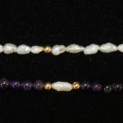 1138	2 PEARL W/14K GOLD CLASP & TRIM BRACELETS, ONE CLASP NEEDS REPAIR, APPROXIMATELY 7 1/2 IN LONG
