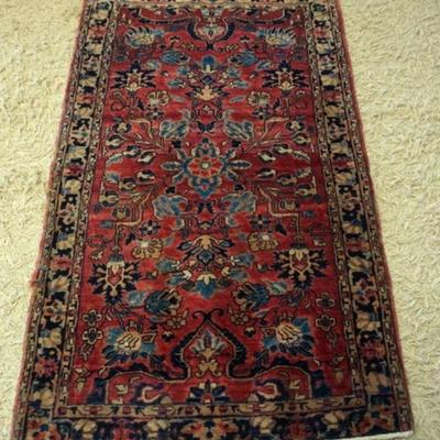 1265	SMALL ORIENTAL THROW RUG WITH DAMAGE, APPROXIMATELY 33 IN X 58 IN
