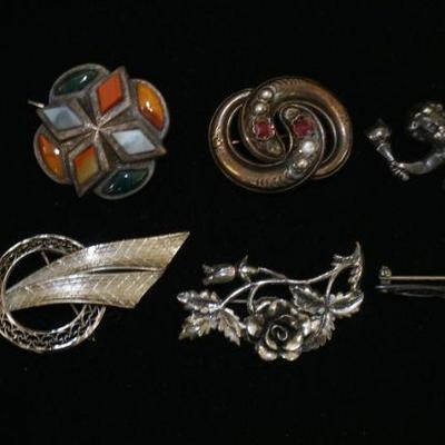 1124	7 STERLING/SILVER BROOCHES/PINS, 2 HAVE NO VISIBLE MARK BUT TEST POSITIVE FOR SILVER, INCLUDES ONE SIGNED WELLS & ONE SIGNED JEWEL...